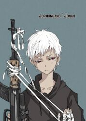  1boy bad_id bad_pixiv_id bandages cako_(a_ben) dark-skinned_male dark_skin gun johnathan_mar jormungand_(manga) male_focus photoshop_(medium) red_eyes rifle scar simple_background solo weapon white_hair 