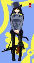  amd-65 animal_ears black_legwear boots cat_ears cat_girl cat_tail commentary_request female green_hair gun hair_tubes hat highres military military_uniform mizuki_(mizuki_ame) original pantyhose photoshop_(medium) rifle skirt soviet strike_witches_1991 tail uniform weapon world_witches_series yellow_eyes 