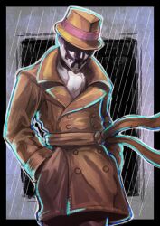  1boy ascot buttons coat commentary_request double-breasted fedora hands_in_pockets hat inkblot male_focus mask pants photoshop_(medium) rain realistic rorschach scarf senkon solo standing trench_coat watchmen 