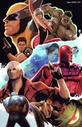  2girls 6+boys bruce_banner captain_america chris_redfield chun-li colored_skin commentary dante_(devil_may_cry) devil_may_cry_(series) english_commentary green_skin highres hulk jaimito magneto marvel marvel_vs._capcom marvel_vs._capcom_3 morrigan_aensland multiple_boys multiple_girls pantyhose resident_evil ryu_(street_fighter) shield shuma_gorath steve_rogers street_fighter vampire_(game) wolverine_(x-men) x-men 