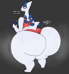  anthro anthrofied ass big_butt bodily_fluids butt_expansion clothed clothing digital_media_(artwork) expansion generation_2_pokemon growth huge_butt hyper hyper_butt legendary_pokemon looking_at_viewer lugia male nintendo pokemon pokemon_(species) pokemorph simple_background snekkobean solo standing sweat thick_thighs wide_hips 