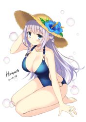  arm_at_side arm_support artist_name bare_legs barefoot bikini black_ribbon blue_eyes blue_flower blue_one-piece_swimsuit braid breasts bubble closed_mouth collarbone commentary_request covered_navel cross cross_necklace dot_nose female flower full_body grey_hair hair_ribbon halterneck hand_on_headwear hand_up hat hibiscus himaya huge_breasts jewelry leaf light_blush light_smile long_hair looking_at_viewer looking_up magia_record:_mahou_shoujo_madoka_magica_gaiden mahou_shoujo_madoka_magica necklace o-ring o-ring_bikini one-piece_swimsuit ribbon ring seiza simple_background sitting soles solo straw_hat sun_hat swimsuit toes white_background yakumo_mitama yakumo_mitama_(swimsuit_costume) 