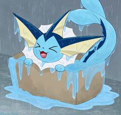  &gt;_&lt; &gt;o&lt; 3_toes ambiguous_gender blue_body blue_nose blue_skin blue_tail box cats_are_liquid closed_eyes colored container daww digital_media_(artwork) dripping ear_fins eeveelution feet feral fin frill_(anatomy) front_view generation_1_pokemon glistening glistening_body glistening_skin goo_creature half-length_portrait happy head_fin hi_res in_box in_container kemono kenikenikeke mammal marine multicolored_body multicolored_skin neck_frill nintendo open_mouth open_smile outside paws pokemon pokemon_(species) portrait quadruped raining smile solo tail tail_fin toes tongue two_tone_body two_tone_skin vaporeon water wet 