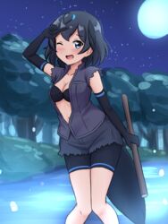  ;d adapted_costume american_beaver_(kemono_friends) american_beaver_(kemono_friends)_(cosplay) arm_up bike_shorts bike_shorts_under_shorts black_bra black_eyes black_gloves black_hair black_shirt black_shorts blush bra breasts commentary_request cosplay cutoffs elbow_gloves female full_moon gloves head_wings highres kemono_friends looking_at_viewer medium_breasts moon night one_eye_closed open_clothes open_mouth open_shirt outdoors shiraha_maru shirt short_hair short_shorts short_sleeves shorts smile solo stick superb_bird-of-paradise_(kemono_friends) tail tree twitter_username underwear wings 