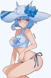  bare_shoulders bikini blue_bikini blue_eyes blue_hair blue_nails breasts cleavage cowboy_shot female fire_emblem fire_emblem_heroes flower hair_flower hair_ornament hat highres ice_horns large_breasts medium_hair nifl_(fire_emblem) nifl_(summer)_(fire_emblem) official_alternate_costume serafineart1001 side-tie_bikini_bottom simple_background snowflake_print solo swimsuit twitter_username two-tone_bikini two-tone_swimsuit white_background 