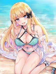  :d aqua_bikini bare_shoulders bikini black_bow blonde_hair blue_eyes blush bow breasts cleavage collarbone commentary_request elf female flower from_above hair_down hair_flower hair_ornament hairbow highres konka layered_bikini long_hair looking_at_viewer o-ring open_mouth pointy_ears princess_connect! saren_(princess_connect!) saren_(summer)_(princess_connect!) shallow_water smile solo star_ornament swimsuit thighs water 