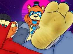  3_toes 4:3 anthro bear bent_legs blue_claws blue_eyes blue_nails chain_collar claws collar colored_nails crossed_legs duo feet five_nights_at_freddy&#039;s five_nights_at_freddy&#039;s:_security_breach foot_fetish foot_focus foreshortening furniture glamrock_freddy hi_res human humanoid leg_over_edge looking_at_viewer low-angle_view macro male male/male mammal micro nails over_edge paws raised_foot resting_arm scottgames sitting smashcuenta123 soles steel_wool_studios story story_in_description toe_claws toes worm&#039;s-eye_view wrinkled_feet wrinkles 