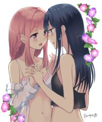  2girls artist_name blue_hair blunt_bangs bra braid collarbone commentary_request dark_blue_hair eye_contact face-to-face fingernails flower hair_intakes hands_up himaya holding_hands imminent_kiss interlocked_fingers leaf light_blush long_hair long_sleeves looking_at_another magia_record:_mahou_shoujo_madoka_magica_gaiden mahou_shoujo_madoka_magica morning_glory multiple_girls nanami_yachiyo navel parted_lips pink_bra pink_eyes pink_flower pink_hair purple_flower see-through see-through_shirt shirt shirt_slip sidelocks sideways_mouth simple_background stomach striped_bra striped_clothes tamaki_iroha underwear upper_body very_long_hair water_drop white_background white_shirt yuri 