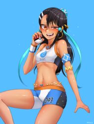  :d armband artist_name bare_shoulders belly_chain black_hair blue_background breasts brown_eyes commentary cosplay crop_top dark-skinned_female dark_skin earclip earrings english_commentary female highres holding holding_poke_ball hoop_earrings ijiranaide_nagatoro-san jewelry long_hair looking_at_viewer midriff nagatoro_hayase navel necklace nessa_(pokemon) nessa_(pokemon)_(cosplay) nyxkz oerba_yun_fang open_mouth poke_ball poke_ball_(basic) pokemon pokemon_swsh sharp_teeth short_shorts shorts simple_background small_breasts smile smirk solo tank_top teeth uneven_eyes wristband 