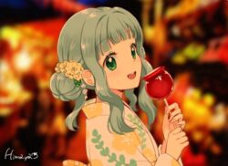  alternate_costume alternate_hairstyle artist_name blunt_bangs blurry blurry_background candy_apple close-up commentary_request dot_nose eyelashes facing_viewer female fingernails floral_print flower food futaba_sana green_eyes green_hair hair_bun hair_flower hair_ornament hands_up happy himaya holding holding_food japanese_clothes kimono leaf_print light_blush looking_afar magia_record:_mahou_shoujo_madoka_magica_gaiden mahou_shoujo_madoka_magica open_mouth round_teeth sidelocks single_hair_bun solo tareme teeth upper_body upper_teeth_only white_kimono yellow_flower yukata 