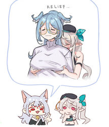  3girls animal_ears bell blue_hair blush breasts closed_eyes dragon_girl elira_pendora elira_pendora_(3rd_costume) english_commentary english_text facial_mark fairy grabbing grabbing_another&#039;s_breast grabbing_from_behind grey_hair head_wings highres large_breasts maplesights multiple_girls navel neck_bell nijisanji nijisanji_en nina_kosaka official_alternate_costume open_mouth pointy_ears pomu_rainpuff pomu_rainpuff_(3rd_costume) red_eyes speech_bubble thinking virtual_youtuber wings yuri 