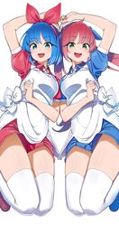  2girls absurdres arm_up bad_id bad_twitter_id blue_eyes blue_hair blue_ribbon blue_shirt blue_shorts bow bow_hairband green_eyes hair_ribbon hairband hairbow heart_arms heart_arms_duo highres long_hair multiple_girls omega_ray omega_rio omega_sisters omega_symbol open_mouth pink_hair puffy_short_sleeves puffy_sleeves red_hairband red_ribbon red_shirt red_shorts ribbon shinomu_(cinomoon) shirt short_hair short_shorts short_sleeves shorts simple_background smile thighhighs twintails virtual_youtuber white_background white_thighhighs 