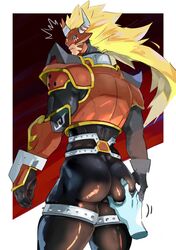  1boy agnimon armor ass ass_focus ass_grab bad_id bad_twitter_id bara black_bodysuit blonde_hair blush bodysuit digimon digimon_(creature) disembodied_hand from_behind highres horns inactive_account latex_pants long_hair male_focus mask muscular muscular_male oerba_yun_fang skin_tight skindentation solo_focus thick_thighs thighs tofu_(tofulabo) tusks 