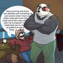  1:1 2022 angry anthro bar bear bottomwear clothed clothing confident cross-popping_vein describing_height describing_size dialogue digby_(digbean) duo effses english_text eye_patch eyewear fully_clothed fur giant_panda hi_res hoodie instant_loss_2koma larger_male male mammal milk multicolored_body multicolored_fur muscular muscular_male procyonid provocative raccoon shirt size_difference smaller_male smile speech_bubble standing tank_top text topwear wall_of_text 