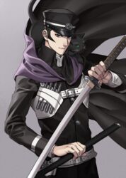  1boy animal bad_id bad_pixiv_id black_hair cape devil_summoner:_raidou_kuzunoha_vs_the_soulless_army devil_summoner_(series) devil_summoner_2:_raidou_kuzunoha_vs_king_abaddon feline gouto grey_eyes hat holding holding_sword holding_weapon holster kuzunoha_raidou male_focus peaked_cap shin_megami_tensei sideburns sora_yoshitake_yuda sword weapon 