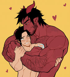  2boys abs arm_hair bara beard black_hair blush chest_hair colored_skin demon demon_horns dominique_(the_devil_and_s-13) ear_piercing facial_hair hand_on_another&#039;s_arm heart horns hug looking_at_another male_focus multiple_boys muscular muscular_male piercing red_skin short_hair sideburns simple_background smile steen_(the_devil_and_s-13) suyohara teeth the_devil_and_s-13 upper_body yaoi yellow_background yellow_eyes 