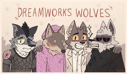  anthro armor big_bad_wolf_(shrek) blank_expression bodily_fluids boss_wolf brown_body brown_fur canid canine canis clothing crossover crying death_(puss_in_boots) dreamworks english_text frenetic_wolf frown fur grey_body grey_fur group hi_res inner_ear_fluff kung_fu_panda male mammal mr._wolf_(the_bad_guys) pajama_shirt pajamas puss_in_boots_(dreamworks) shrek_(series) smile smiling_at_viewer snarling sparkles standing suit tears teeth text the_bad_guys tuft white_body white_fur wolf 