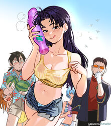  2boys 3girls :q annoyed artist_name ayanami_rei blush breasts brown_eyes cheek_press cleavage clothes_pull collarbone cowboy_shot crop_top cutoffs denim denim_shorts dildo exposed_pocket food forehead fruit hair_intakes hands_up hiding hiding_behind_another highres holding holding_sex_toy ikari_gendou kaji_ryouji katsuragi_misato licking_lips looking_at_another looking_at_viewer medium_breasts midriff multiple_boys multiple_girls navel neon_genesis_evangelion open_fly parted_bangs patreon_username purple_hair ribbed_shirt sex_toy sexually_suggestive shirt shirt_pull short_shorts shorts smile snegovski souryuu_asuka_langley tank_top taut_clothes taut_shirt tinted_eyewear tongue tongue_out watermelon yellow_shirt 