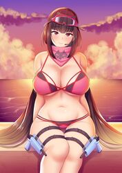  bad_id bad_twitter_id bandana bare_shoulders bikini breasts brown_hair cleavage cloud curvy fate/grand_order fate_(series) female goggles goggles_on_head halterneck highres holster holstered kisaragi_nana large_breasts long_hair looking_at_viewer navel ocean osakabehime_(fate) osakabehime_(swimsuit_archer)_(fate) osakabehime_(swimsuit_archer)_(second_ascension)_(fate) pink_bikini red_eyes sitting sky smile solo sunset swimsuit thick_thighs thigh_holster thigh_strap thighs underboob very_long_hair water waves 