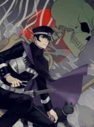  1boy animal black_hair cape commentary_request devil_summoner_(series) feline gouto green_eyes hat highres kuzunoha_raidou male_focus morimiya_(kuroro) on_one_knee partial_commentary peaked_cap sheath sheathed shin_megami_tensei sideburns skeleton slit_pupils solo sword weapon 