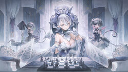  18_(backstreetno18) 4girls absurdres arianna_the_labrynth_servant arianne_the_labrynth_servant arm_up banner bare_shoulders bouquet breasts chess_piece chessboard chibi cleavage commentary curtains demon_girl demon_horns demon_tail demon_wings detached_collar detached_sleeves dress duel_monster finger_to_own_chin gloves green_eyes grey_eyes grey_hair highres holding_chess_piece horns indoors knight_(yu-gi-oh!) large_breasts lovely_labrynth_of_the_silver_castle low_wings maid maid_headdress multiple_girls open_mouth pink_eyes revision short_hair sitting sleeveless sleeveless_dress sleeves_past_fingers sleeves_past_wrists table tail throne white_dress wings yu-gi-oh! 