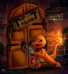  ambiguous_gender chains charmander claws digital_media_(artwork) door feral fire flaming_tail generation_1_pokemon green_eyes haychel hi_res key lock nintendo orange_body orange_skin pokemon pokemon_(species) pokemon_mystery_dungeon reptile scalie scarf secret sign solo spike_chunsoft tail toe_claws warm_colors 