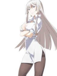  bad_link blue_eyes breast_hold breasts cleavage crossed_arms female jormungand_(manga) koko_hekmatyar large_breasts long_hair naso4 pantyhose pencil_skirt photoshop_(medium) popped_collar silver_hair skirt solo thighband_pantyhose 