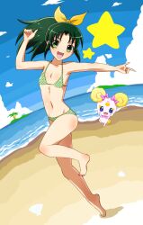  beach bikini candy_(smile_precure!) commentary_request day female green_eyes green_hair highres masaki_kazusa midorikawa_nao polka_dot polka_dot_bikini polka_dot_swimsuit ponytail precure short_hair smile_precure star_(symbol) swimsuit 