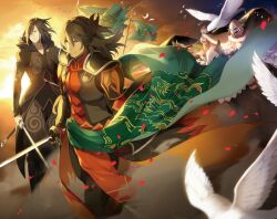  2boys armor bad_id bad_pixiv_id black_hair coat flag gaius_(tales) gloves male_focus manly multiple_boys pants red_eyes serious shiramine_(srmn09) surcoat sword tales_of_(series) tales_of_xillia weapon wingul_(tales) 