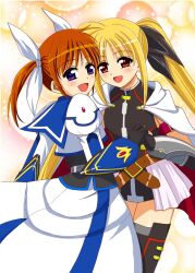  2girls :d armor belt blonde_hair blush brown_hair buckle cape commentary_request dress fate_testarossa fingerless_gloves gloves hair_ribbon holding_hands long_hair lyrical_nanoha magical_girl mahou_shoujo_lyrical_nanoha mahou_shoujo_lyrical_nanoha_a&#039;s mahou_shoujo_lyrical_nanoha_the_movie_2nd_a&#039;s md5_mismatch multiple_girls ookawa_wataru open_mouth photoshop_(medium) puffy_sleeves purple_eyes red_eyes ribbon short_twintails skirt smile takamachi_nanoha thighhighs twintails 