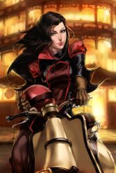  asami_sato avatar_legends black_hair commentary english_commentary eyeshadow female green_eyes helmet lips long_hair makeup motor_vehicle on_scooter photoshop_(medium) scooter solo the_art_mage the_legend_of_korra 