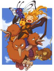  blonde_hair butterfree commentary_request dodrio female happy long_hair open_mouth pikachu pokemon pokemon_(creature) pokemon_adventures ponytail raticate riding riding_pokemon running sky smile suirerien yellow_(pokemon) 