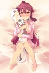  :&lt; barefoot bed_sheet blush breath dakimakura_(object) female long_hair looking_at_viewer lying no_bra on_back parted_lips pillow ponytail purple_eyes purple_hair shin_(new) sleepwear solo sugiura_ayano toes toshinou_kyouko yuru_yuri |_| 