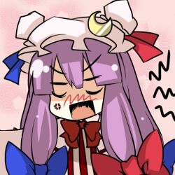  bow capelet commentary_request crescent crescent_hat_ornament earlgrey female hairbow hat hat_ornament long_hair open_mouth patchouli_knowledge purple_hair solo touhou 