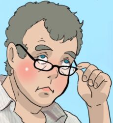  1boy :&lt; adjusting_eyewear archived_source bad_id bad_link blue_eyes drawfag glasses grey_hair jeremy_clarkson lowres photoshop_(medium) top_gear 