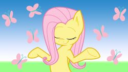  16:9 arthropod butterfly closed_eyes equid equine female feral fluttershy_(mlp) friendship_is_magic gesture hair hasbro hi_res insects joey-darkmeat lepidopteran mammal my_little_pony mythological_creature mythological_equine mythology pegasus pink_hair shrug solo varcon widescreen wings 