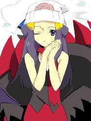  bare_shoulders beanie blue_eyes blue_hair blue_sclera bright_pupils colored_sclera darkrai dawn_(pokemon) female floating_hair hat long_hair looking_at_viewer no_nose noni_asterisk one_eye_closed own_hands_clasped own_hands_together pokemon pokemon_(creature) pokemon_dppt red_scarf scarf smile smoke tegaki whisp white_hair white_pupils 