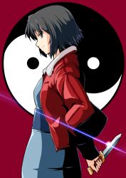  black_hair brown_eyes commentary_request female halcon hand_in_pocket jacket japanese_clothes kara_no_kyoukai kimono knife profile red_jacket reverse_grip ryougi_shiki short_hair solo yin_yang 