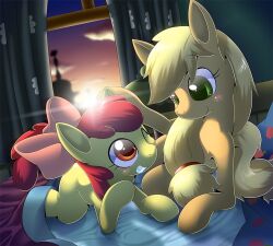  apple_bloom_(mlp) applejack_(mlp) bed blush conditional_dnp duo earth_pony equid equine eye_contact female feral friendship_is_magic furniture hasbro horse inside looking_at_another mammal morning my_little_pony on_bed one_eye_closed oze pony sibling_(lore) wink young young_feral 