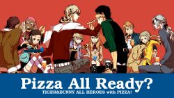  3girls 6+boys animal antonio_lopez barnaby_brooks_jr. braid braided_bangs canine commentary_request drink eating everyone food highres holding holding_food holding_pizza hoshino_lily huang_baoling ivan_karelin john_(tiger_&amp;_bunny) kaburagi_kaede kaburagi_t._kotetsu karina_lyle keith_goodman multiple_boys multiple_girls nathan_seymour pizza pizza_box red_background simple_background sitting tiger_&amp;_bunny yuri_petrov 