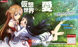  2girls absurdres armor asuna_(sao) bare_shoulders barefoot black_hair breastplate brown_hair dengeki_g&#039;s feet grass hand_on_another&#039;s_cheek hand_on_another&#039;s_face hand_on_another&#039;s_head highres hug kawakami_tetsuya knights_of_blood_uniform_(sao) long_hair magazine_scan multiple_girls official_art open_mouth outdoors scan soles sword_art_online tree under_tree white_armor yui_(sao) 