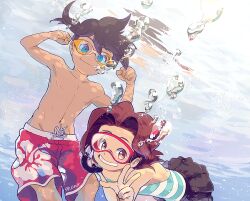  1boy air_bubble amazake_arika bad_id bad_pixiv_id black_hair blue_eyes brown_eyes brown_hair bubble diving_mask female flexing freediving goggles goggles_on_eyes grin male_swimwear medarot menokurage navel one-piece_swimsuit pose short_hair smile snorkel striped_clothes striped_one-piece_swimsuit swim_trunks swimming swimsuit tenryou_ikki topless_male underwater v 