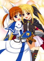  2girls :d armor belt blonde_hair blush brown_hair buckle cape commentary_request dress fate_testarossa fate_testarossa_(lightning_form)_(2nd) fingerless_gloves gloves hair_ribbon holding_hands leotard leotard_peek long_hair lyrical_nanoha magical_girl mahou_shoujo_lyrical_nanoha mahou_shoujo_lyrical_nanoha_a&#039;s mahou_shoujo_lyrical_nanoha_the_movie_2nd_a&#039;s md5_mismatch multiple_girls ookawa_wataru open_mouth photoshop_(medium) puffy_sleeves purple_eyes red_eyes ribbon short_twintails showgirl_skirt skirt smile takamachi_nanoha takamachi_nanoha_(sacred_mode)_(2nd) thighhighs twintails 