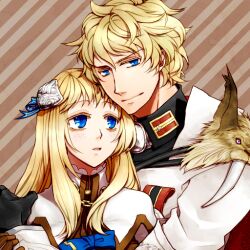  1boy bad_id bad_pixiv_id blonde_hair blue_eyes brother_and_sister female hair_ornament height_difference hug hug_from_behind long_hair patroklos_alexander pyrrha_alexandra siblings soulcalibur soulcalibur_v t_rooibos 