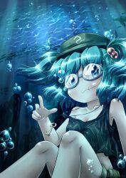  :t blue_eyes blue_hair commentary_request female fish goggles goggles_on_eyes hair_bobbles hair_ornament hat highres holding_breath kawashiro_nitori key midriff photoshop_(medium) porforever short_hair shorts solo tank_top touhou turtle two_side_up underwater v water 