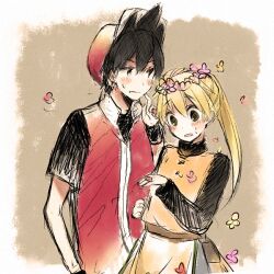  black_hair blonde_hair blush cap flower hat pokemon pokemon_special red_(pokemon) yellow_(pokemon) 