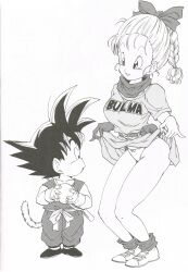  1boy belt black_hair braid breasts bulma_briefs dragon_ball dress dress_lift female hair_ribbon highres large_breasts legs long_hair looking_down monochrome panties pigtail ribbon scarf shoes short_hair simple_background skirt skirt_lift skirt_up smile socks son_goku son_gokuu standing tail thighs toriyama_akira toriyama_akira_(style) underwear upskirt white_background young_jijii 