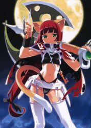  absurdres animal_ears aquarian_age armor axe bikini_armor blush_stickers cat_ears cat_tail dagger female full_moon garter_belt green_eyes highres jil_lynx knife midriff moon navel over_shoulder red_hair solo tail thighhighs watanabe_akio weapon weapon_over_shoulder white_thighhighs yellow_moon 