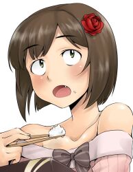  bare_shoulders blush chopsticks commentary_request female flower food food_on_face green_eyes hair_flower hair_ornament idolmaster idolmaster_cinderella_girls karute maekawa_miku oerba_yun_fang open_mouth rice rose short_hair solo 