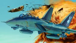  1boy ace_combat ace_combat_assault_horizon aerial_battle aircraft airplane area_88 battle commentary drop_tank explosion f-14_tomcat fighter_jet inui_(jt1116) jet mickey_simon mig-21 military military_vehicle pilot playboy vehicle_focus war 